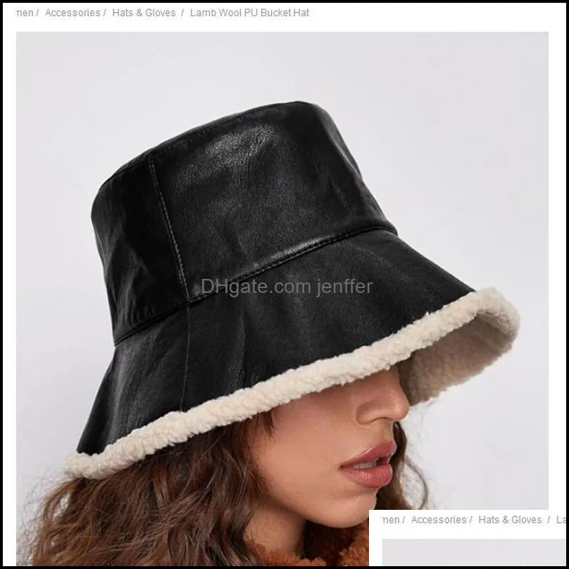 Wide Brim Hats Warm Hat Basin Tide Bucket Fisherman Vintage Japanese Lamb Wool Winter Glabrous Black Pu Leather1