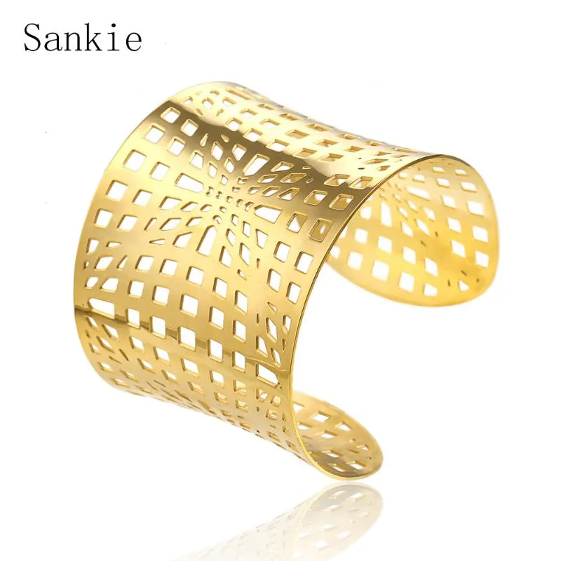 Sankie Szerokie Bransoletki Mankiet Bransoletki Dla Kobiet Ze Stali Nierdzewnej Biżuteria Gold Color Geometryczna Hollow Bransoletka Bransoletka