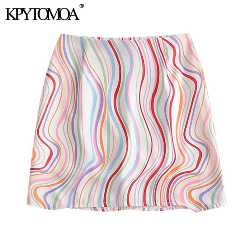 KPYTOMOA Women Chic Fashion Office Wear Color Striped Mini Skirt Vintage A Line Back Zipper With Lining Female Skirts Mujer 210721