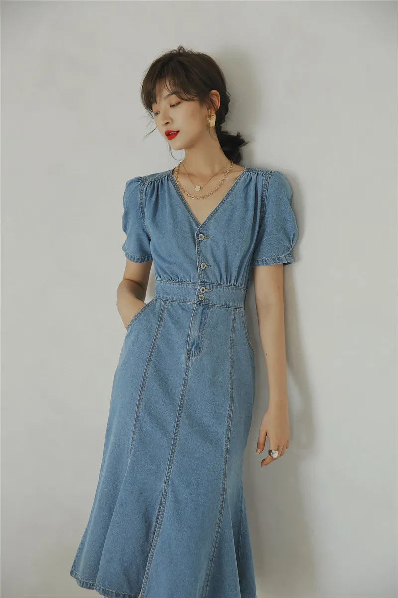 Denim Dream: Puff Sleeve Mermaid Dress - Women's V-Neck A-Line Midi Jean  Dress. Summer Chic, Casual Style, Buy Now! from Dhgate Basic & Casual  Dresses - price 94.38