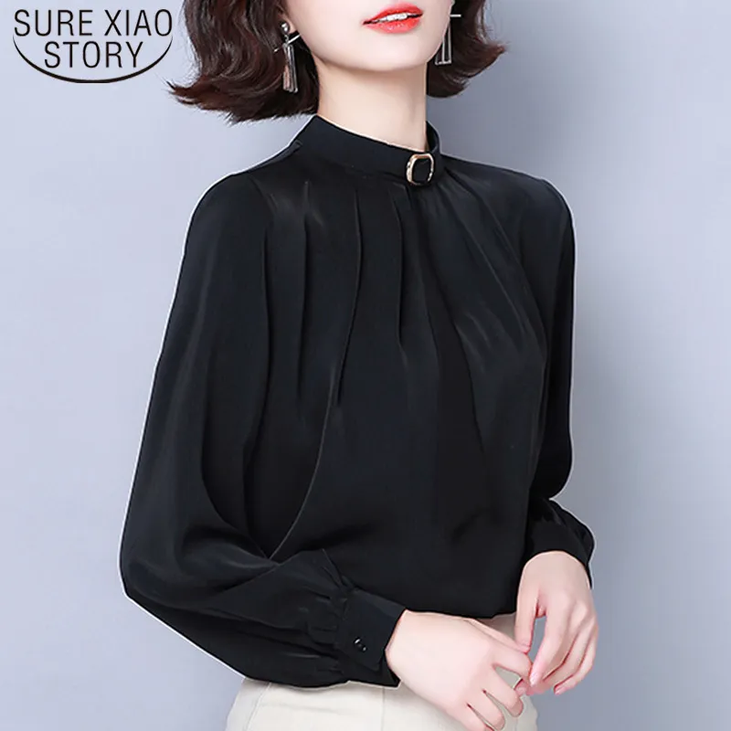 Blusas Mujer de Moda Herfst Chiffon Lange Mouw Womens Tops en Blouses Solid White Black Elegant Slim Women Shirts 7041 50 210510