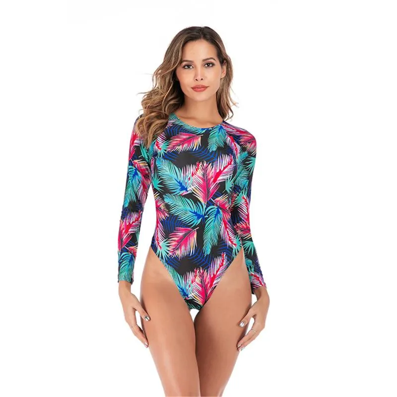 Bikini Set maniche lunghe Rash Guard Women Stampare Swimwear Swing Up One Piece Swimsuit Open Wort Green Green Body Surfing Pad Mujer Leaf