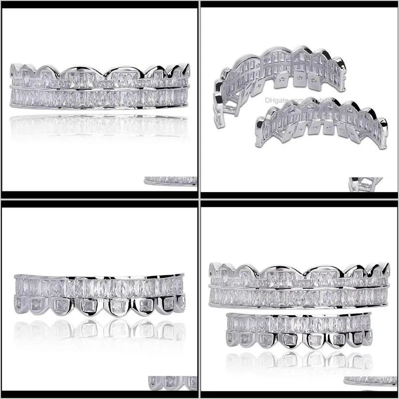 new baguette set teeth grillz top & bottom silver color grills dental mouth hip hop fashion jewelry rapper jewelry534 t2