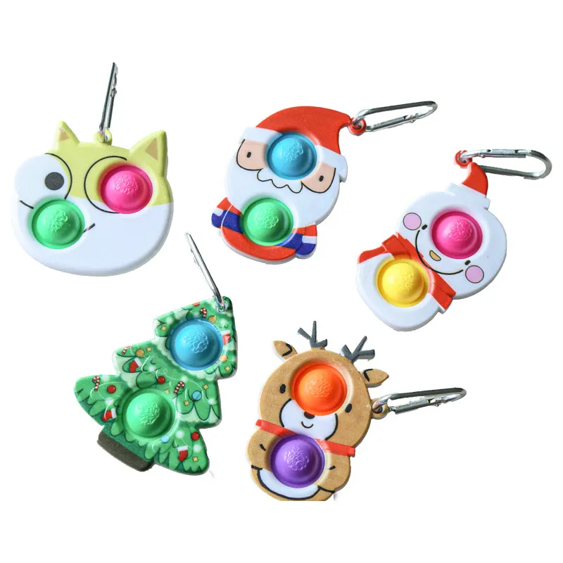 Christmas Tree Santa Claus Elk Snowman Dog Pop It Push Fidget Toy with Keychain Ring Stress Relief Autism Popit Squeeze Toys Gifts for Adult Children Chain