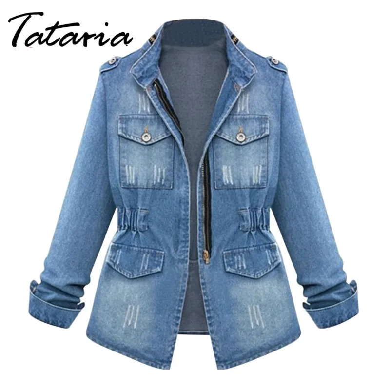 Tataria Femmes Casual Denim Vestes Cardigan Zipper Casaco Feminino Manteau Poches Top Streetwear Slim Taille Élastique Jeans Veste 210514