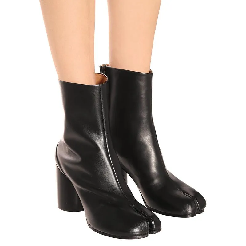 Split Toe Leather Boots: Fashionable Tabi Chunky Heel Fur