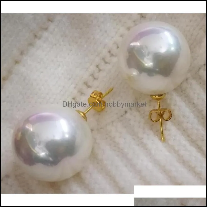 18mm white Shell Pearl gold Stud Earrings round ball beads Natural South Sea Shell Pearl Woman Jewelry 210323