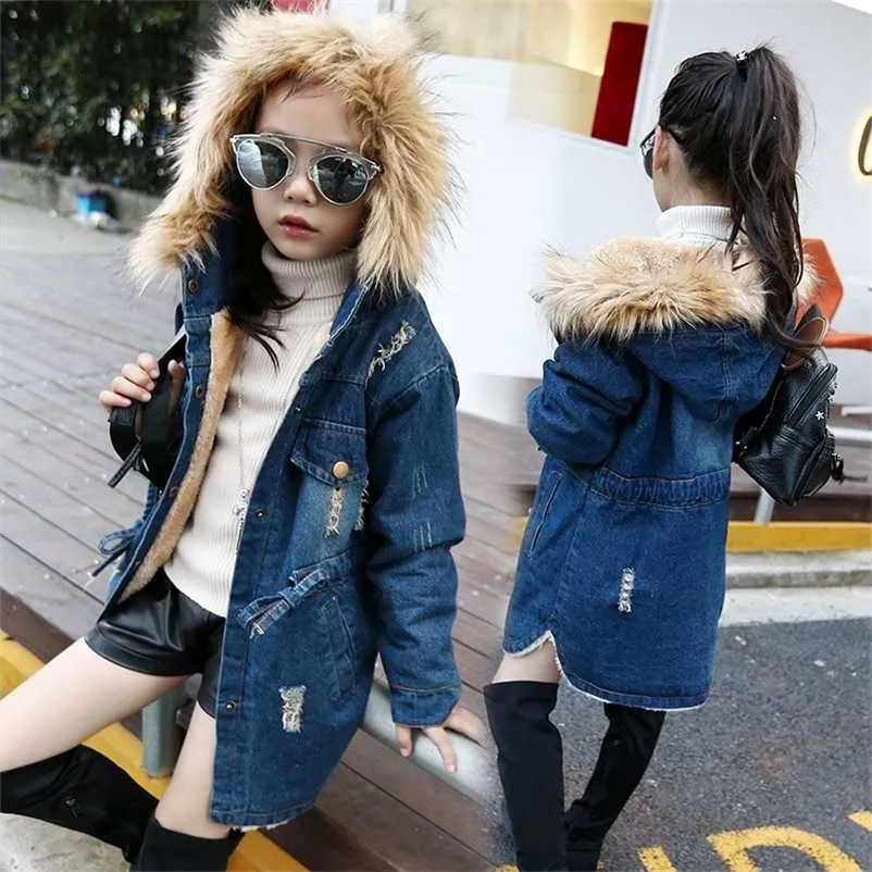 children kids girls denim jacket large fur collar cotton outerwear Autumn Winter plus thick velvet for 211204