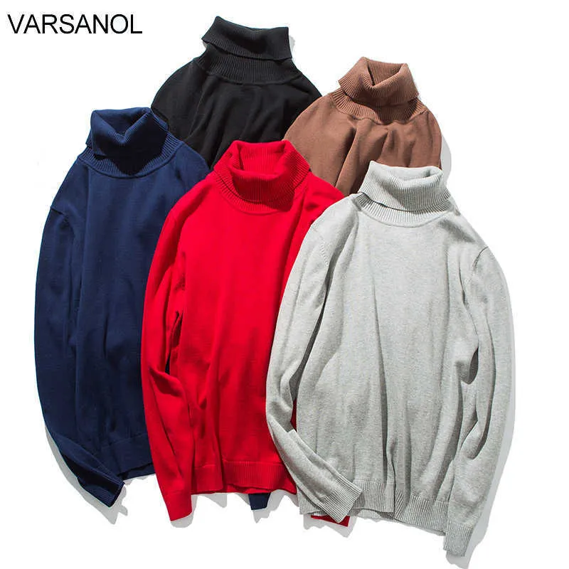 Varsanolソリッドセーターの特大サイズの男性服冬タートルネックセータートップコートメンズセーター長袖プルホーム210601