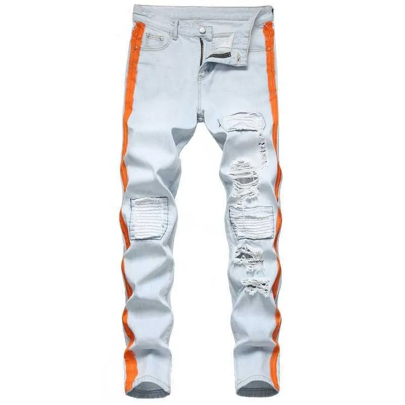 2021 nieuwe mode heren katoen gescheurde gat jeans casual slim skinny wit zwart jeans mannen broek casual mannelijke hiphop denim broek x0621