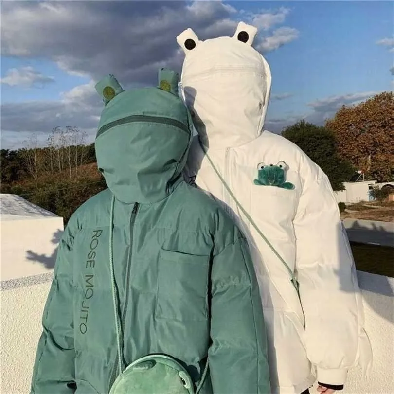 Hiver épais grenouille veste couple doudoune noir capuche fermeture éclair noir blanc vert dessin animé manteau décontracté femmes hommes vêtements 211214