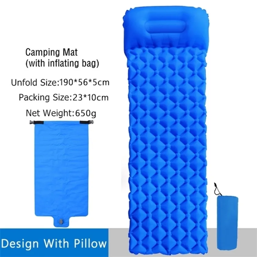 Matelas de couchage de camping avec oreiller, tapis gonflable pour sac à dos, matelas pneumatique de randonnée compact, sommeil de camp 220216