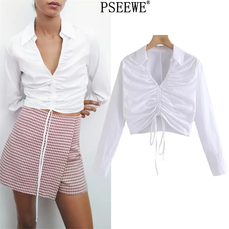 Reuniado Poplin Camisa Branca Mulher V Pescoço Manga Longa Crop Top Mulheres Chic Ajustável Drawstring Blusa de Verão 210519