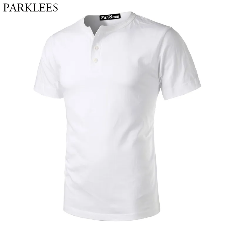 남성 반팔 헤비급 기본 3 버튼 헨리 Tshirt 브랜드 슬림 피트 V 넥 두꺼운면 티 셔츠 Homme White 210522