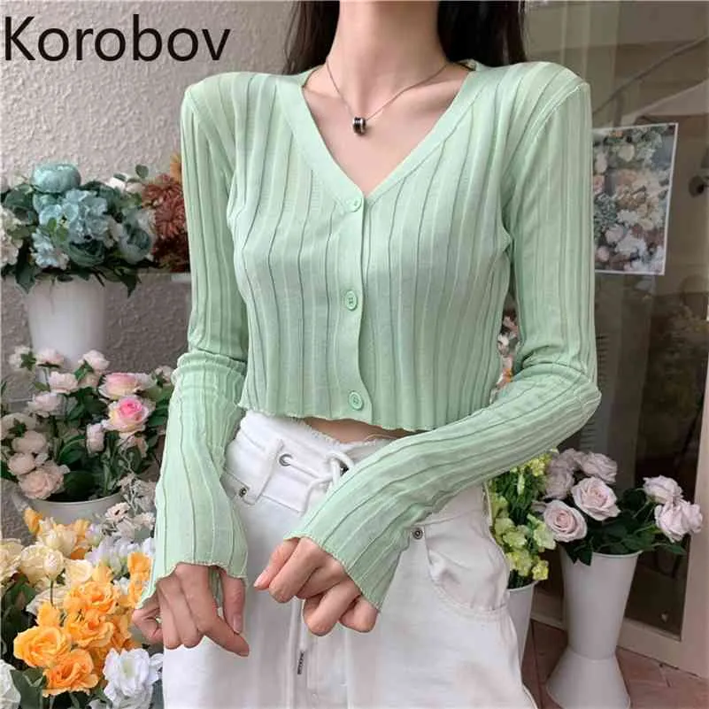 Korobov Novo Verão Fino Fino Mulheres Cardigans Coreano Sólido V Neck de Manga Longa Camisolas Vintage Streetwear Knitwear 210430