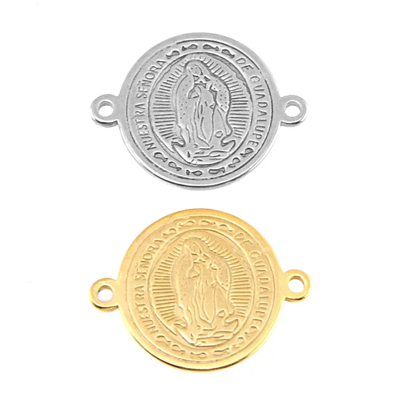 Madonna 2 Loop Connector Virgen de Guadalupe Piccolo Charms Charms Colore oro Medaglia Tag Pendente in acciaio inox rotondo 50pcs