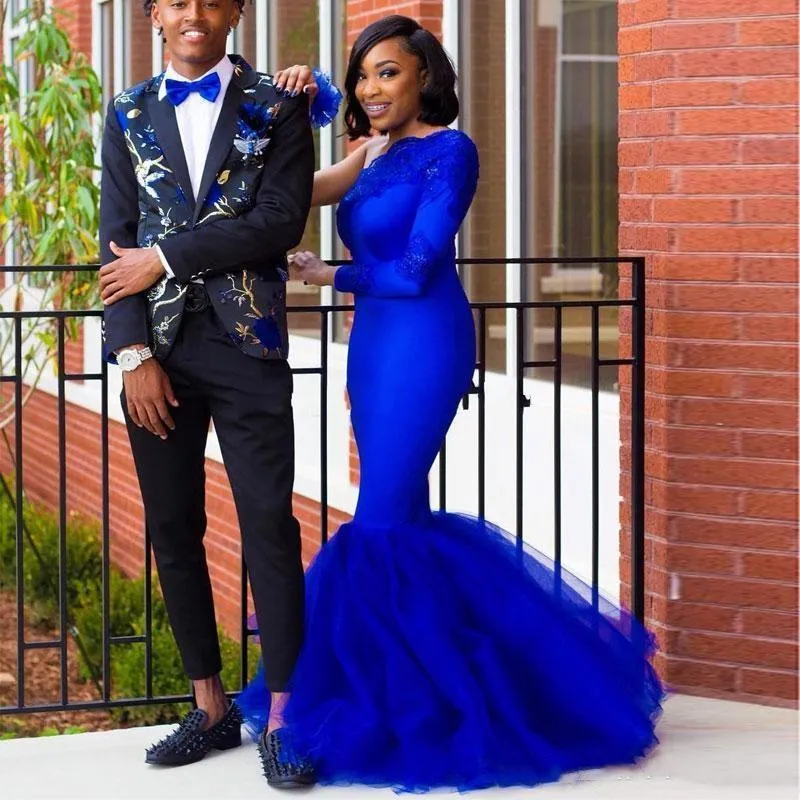 Royal Blue Prom Vestidos un hombro de manga larga de encaje satinado Sirena Sirena Mujeres Vestidos de fiesta de noche formales Tamaño personalizado