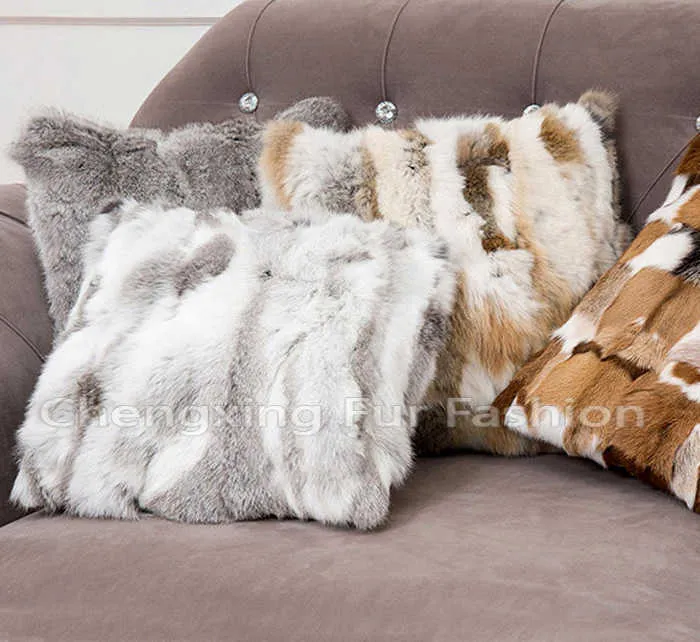 CX-D-17 Natural Color Fashion Patchwork Cushion Pillowcase Genuine Rabbit Fur Sofa Cushion almofada 210716