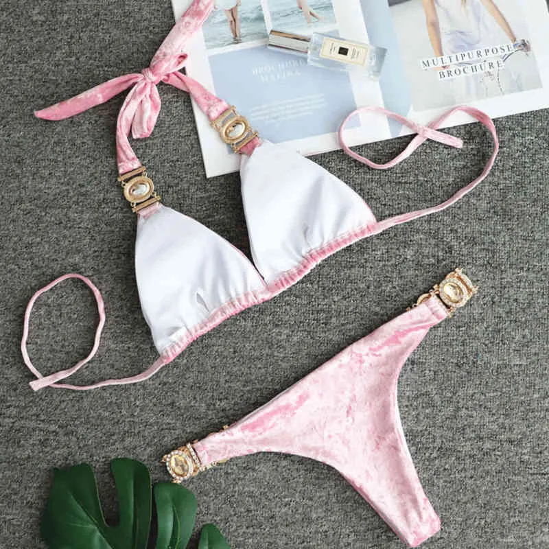 2021 Newest Pink Velvet Female Split Swimsuit Sexy Crystal Diamond Bikini Wholesale Bathing Suit Beach Set