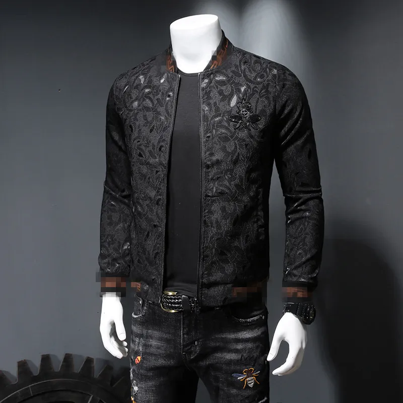 2021 autumn and winter new tide models men's clothing embroidered crown small bee dark flower medal jacket slim zipper jacket