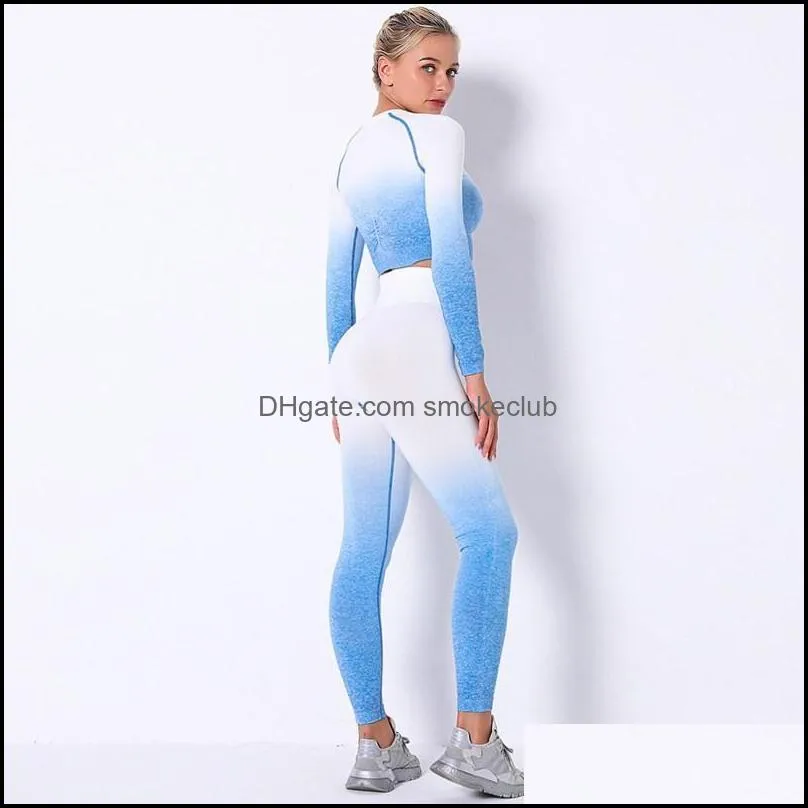 Yoga Outfits Women Autumn Gradient Colour Seamless Knitting Set Gym Tight Elastic Long Sleeve Top +High Waist Leggings Sport Suit