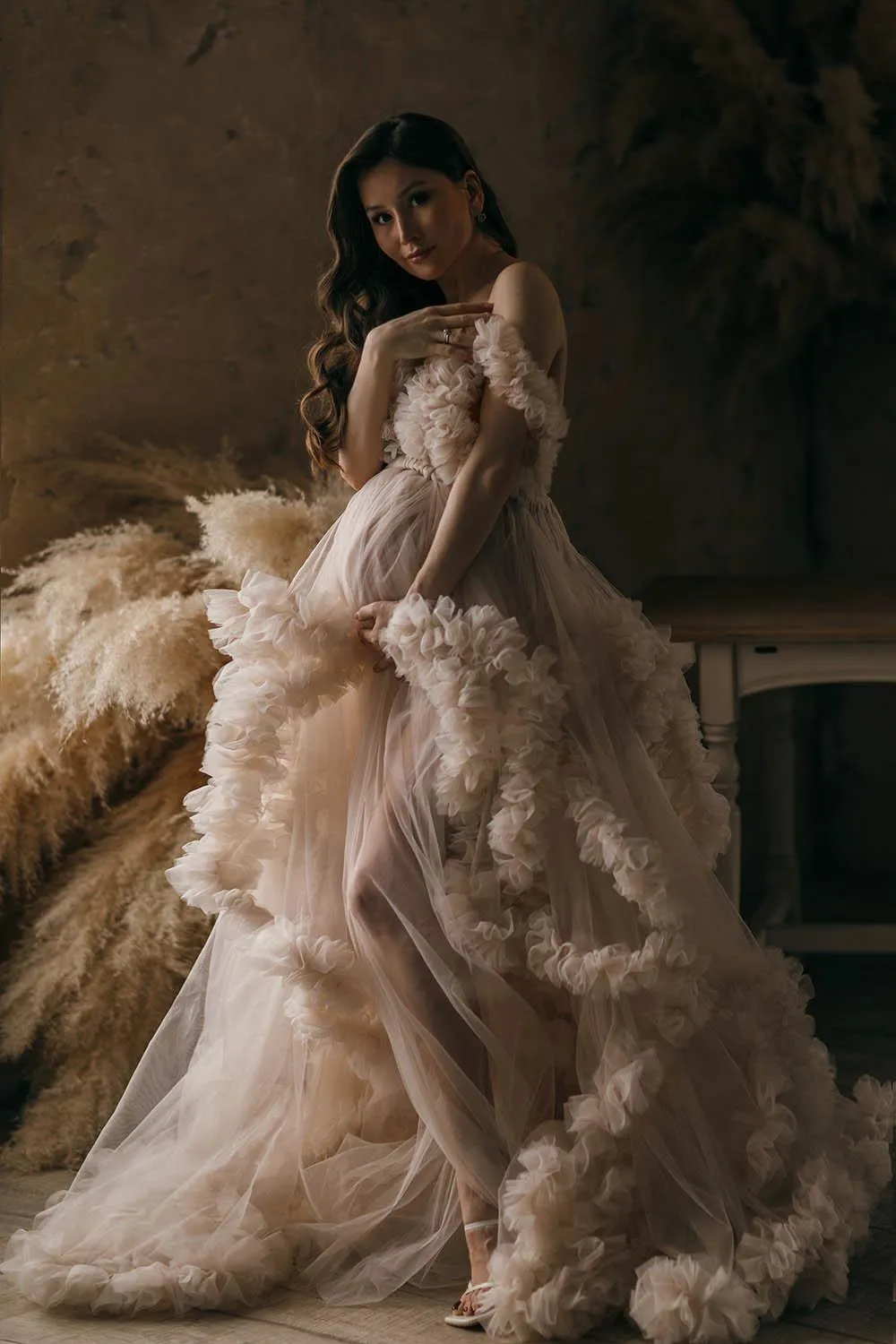 Long Elegant Evening Dress 2021 V-Neck Champagne Tulle Maternity Dresses for Photo Shoot Robe Pregnant Women Fomral Gowns