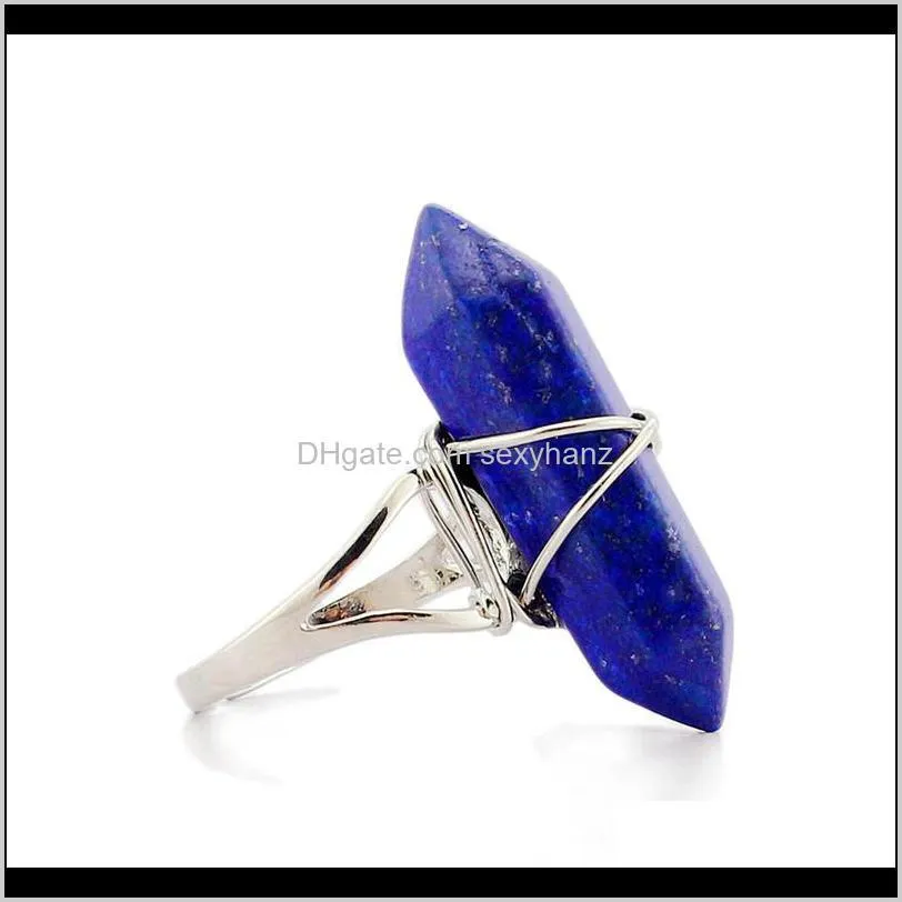 wholesale hexagonal prism rings gemstone rock natural crystal quartz healing point chakra stone charms opening ring for women men designer