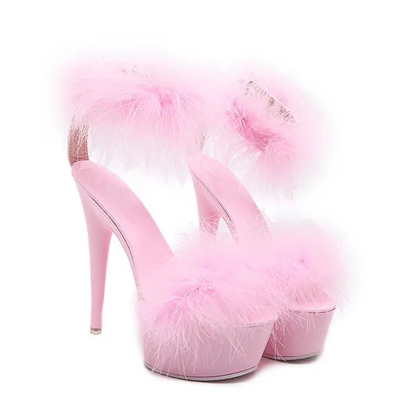 Svart Vit Rosa Fluffy Open Toe Platform Fur Sandals Kvinnor Sexig Fetisch Pole Dancer Skor Sommar 15cm Extreme High Stripper Heels Fuzzy Bröllop Sandalias Plus Storlek