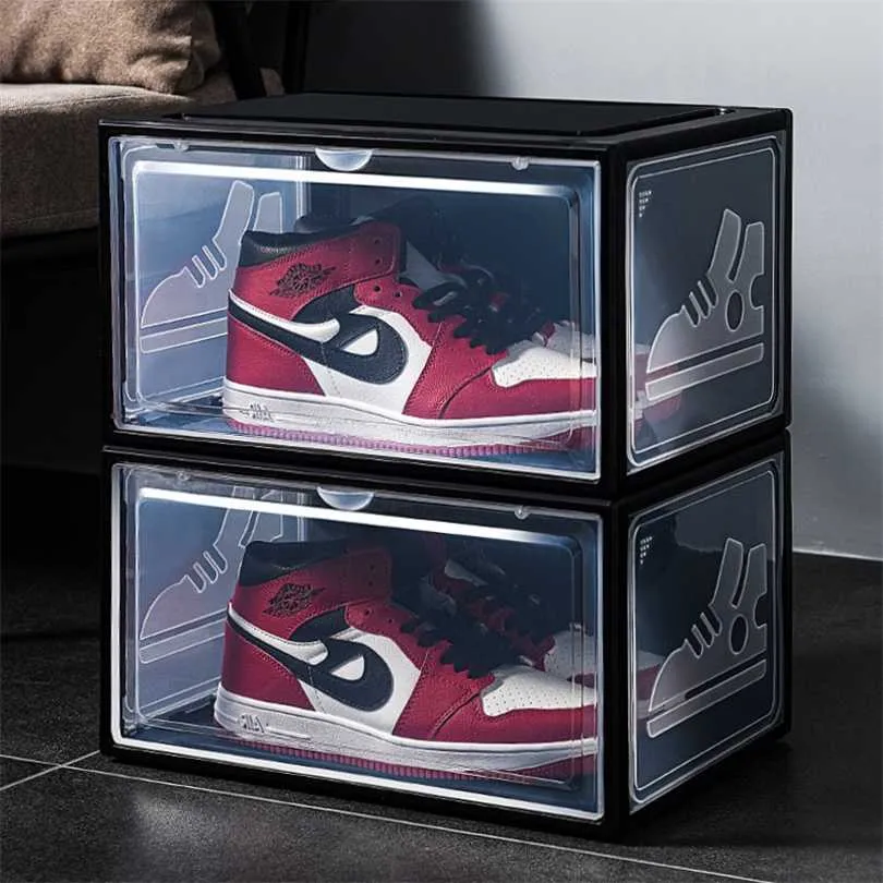 2ピースAJ靴箱硬化プラスチックハイトップバスケットボールシューズ防塵保管透明スニーカー211102