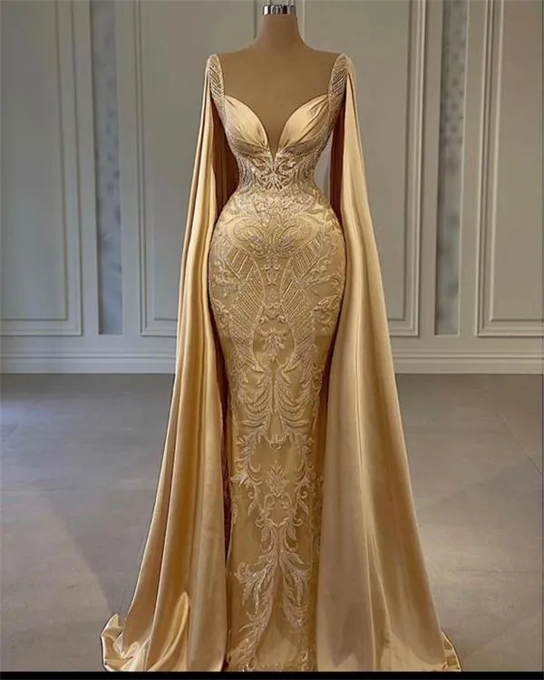 Lace Mermaid Prom Dresses: Gold Beaded Applique Evening Gown, Wrap
