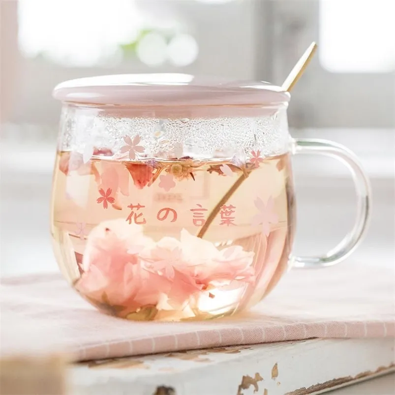 Japan-Stil Glasbecher niedlich rosa Kawaii Trinkgeschirr Milch Kaffee Wasser Tasse Küche Büro zarter Löffel mit Deckel Kirschblütenbecher 210804