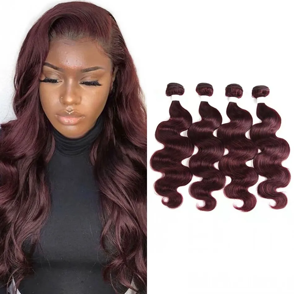 Tissage naturel péruvien naturel Body Wave coloré 99J, Extensions de cheveux Non Remy bordeaux, lots de 3/4, pour femmes