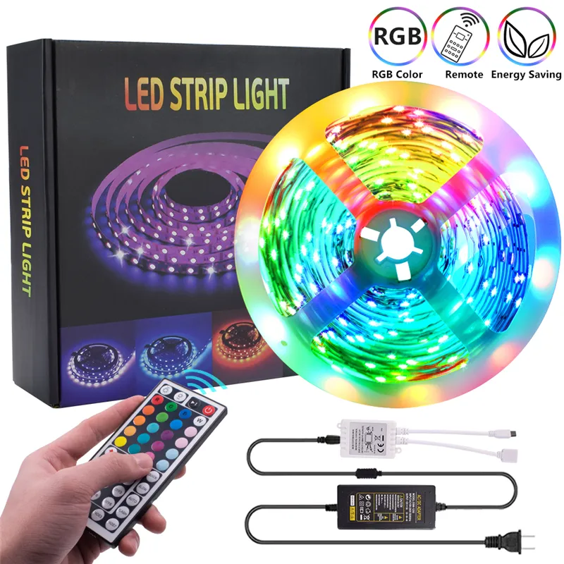 미국 주식 LED 스트립 16.4ft 32.8ft 12V-5050 램프 비드 RGB 44 키 리모컨 150LEDS 300LED는 실외, KTV, 거실, 침실 요법에 적합합니다.