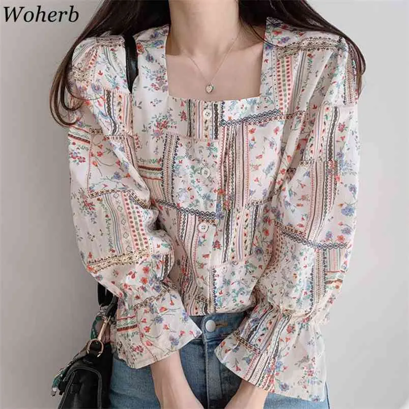 Elegant Square Collar Boho Blus Kvinnor Koreanska Chic Blommor Skriv ut Kvinnor Tunn Beach Style Blusas Mujer Toppar 210519