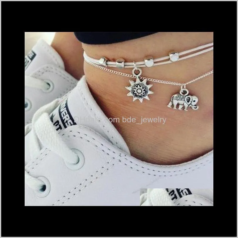 vintage multi layers anklets bracelet for women elephant sun pendant charms rope chain bohemian beach summer foot ankle jewelry