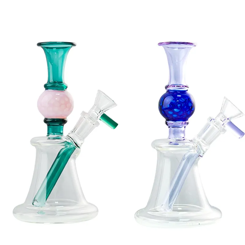 Mini Bongs Heady Water Pipes 7 tums Hookahs Rak Perc 14mm Kvinna Joint Glass Bong Ball Shape Oil Dab Rigs med skål n Hål