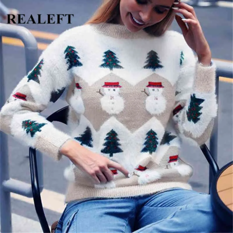 秋冬女性クリスマスツリープリントニットプルオーバーシックな長袖セーター女性ニットウェアトップ210428