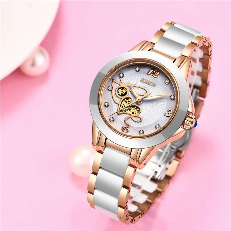 Relojes de cuarzo de cerámica blanca para mujer, reloj sencillo de lujo de primeras marcas, pulsera para chica, relojes de diamantes para mujer