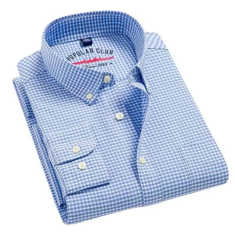 Koszulki z długim rękawem z długim rękawem w kratkę Dorywczo 100% bawełna Business Męskie robocze Koszula Jesień Regularny Fit Button Collar Man 210708