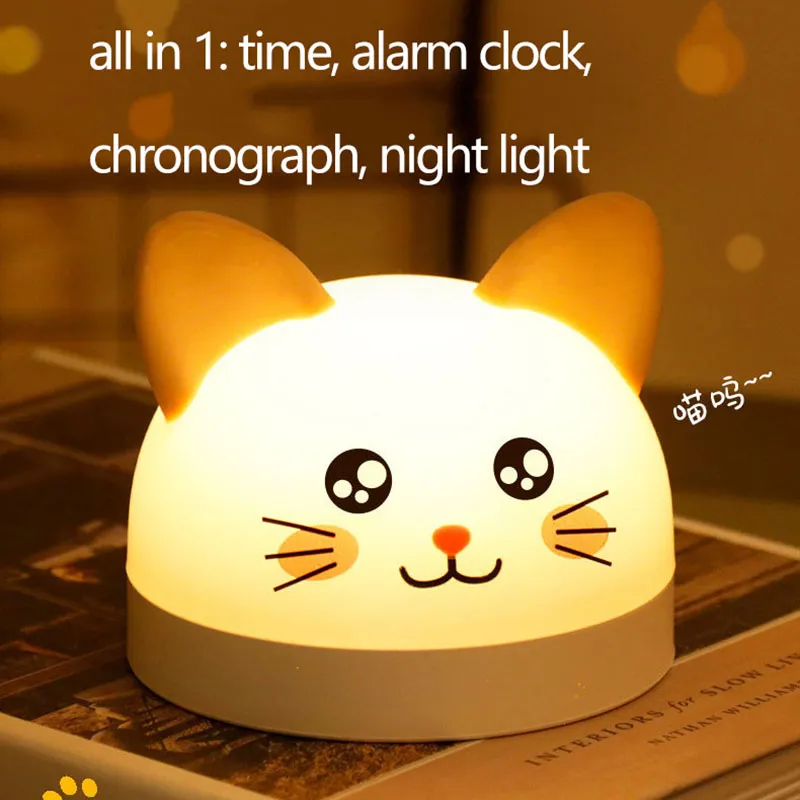Desk Electronic Clock Table LED Digital Alarm Clocks Little Mouse Cat Night Light Bedside Lamp Rechargeable Snooze Bedroom Decoration Kids Birthday Gift ZL0342