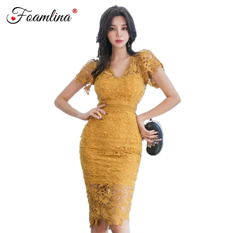 Dress Women Solid Sexy Lace Bodycon Spring Summer V Neck Short Sleeve Hollow Out Casual Work Party 210603