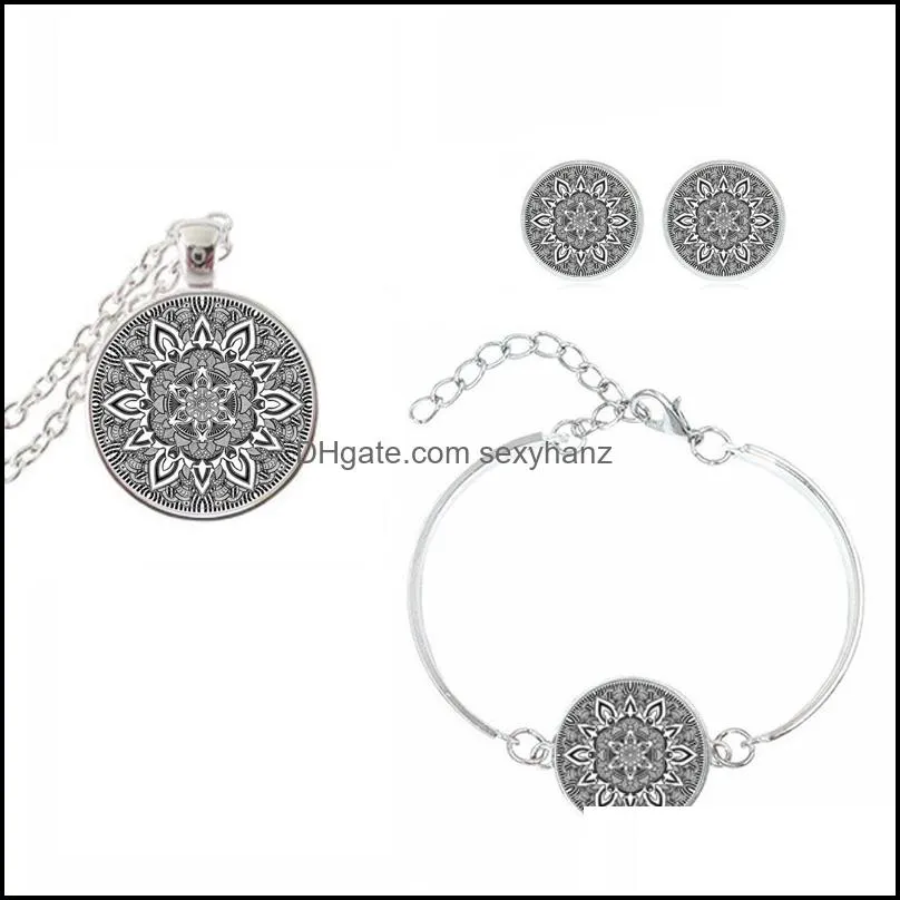 Charm Mandala Glass Necklace set On silver color Earring bracelet Om Symbol Buddhism Zen Henna Yoga Jewelry For Women Pendant