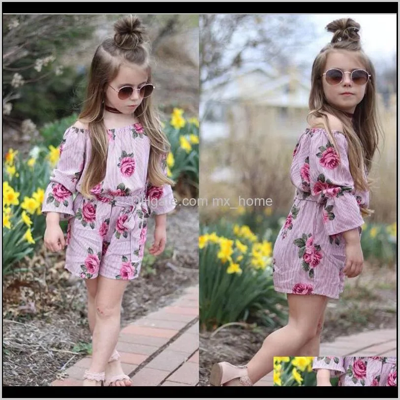 girls sling pants summer sleeveless jumpsuit floral dress off shoulder stripes rose short sleeve girls summer outfit 1-5t