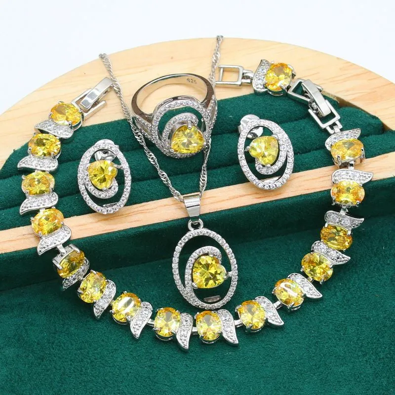 Earrings & Necklace Wedding Bridal Silver Color Jewelry Set For Women Yellow Zircon Dubai Bracelet Pierced Ring Christmas Gift