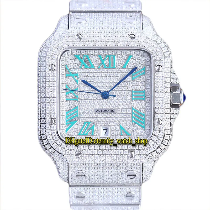2022 TWF WW0018 Diamantes pavimentados ETA A2824 Reloj automático para hombre Completamente helado Diamante Verde Esfera romana 316L Pulsera de acero inoxidable Joyería Relojes Super Eternity