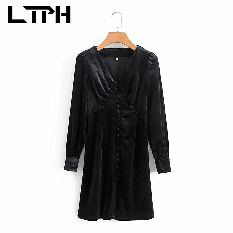 French simple Sexy V-Neck long sleeve women dress vintage Single Breasted elegant suede High-waist dresses Autumn 210427