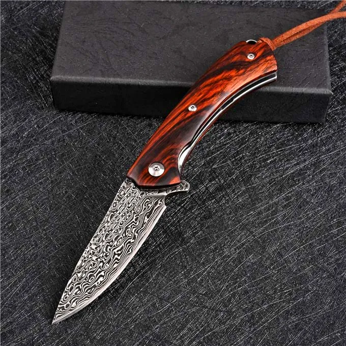 Oferta especial Cuchillo plegable abatible VG10 Hoja de acero de Damasco Palisandro + Mango de hoja de acero inoxidable Cuchillos de regalo de bolsillo EDC para exteriores