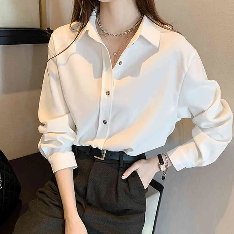 Chemise blanche femme haut boutonné Vintage Blouse femmes manches longues femme chemises amples saveur chemise à manches longues 91J 210420