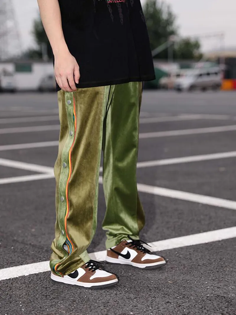 High Street Velet Ribbon Casual Pants Hip Hop Side Button Men's Regular Fit Pant Sweatpants Trousers