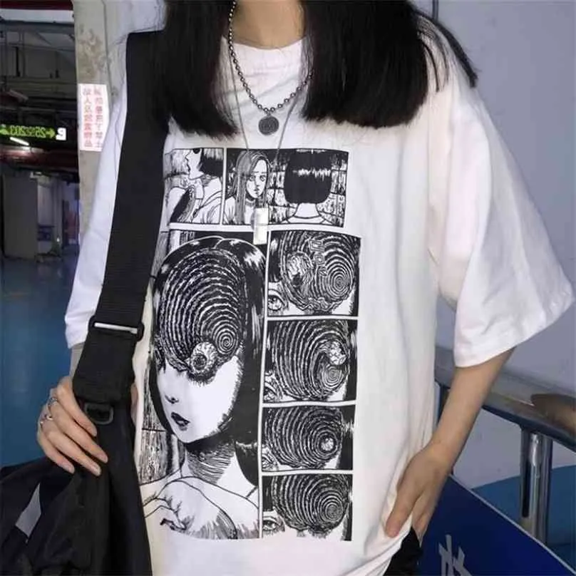 White Tees Junji Ito Horror Manga Uzumaki T-shirt Mulheres Moda Tops Grunge Estilo Anime Tee Hipsters Style Camiseta 210720